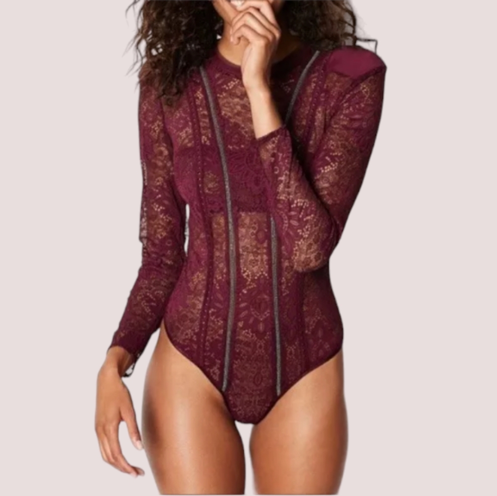 Victoria's Secret Very Sexy Embellished Long Sleeve Lace Bodysuit Maroon S